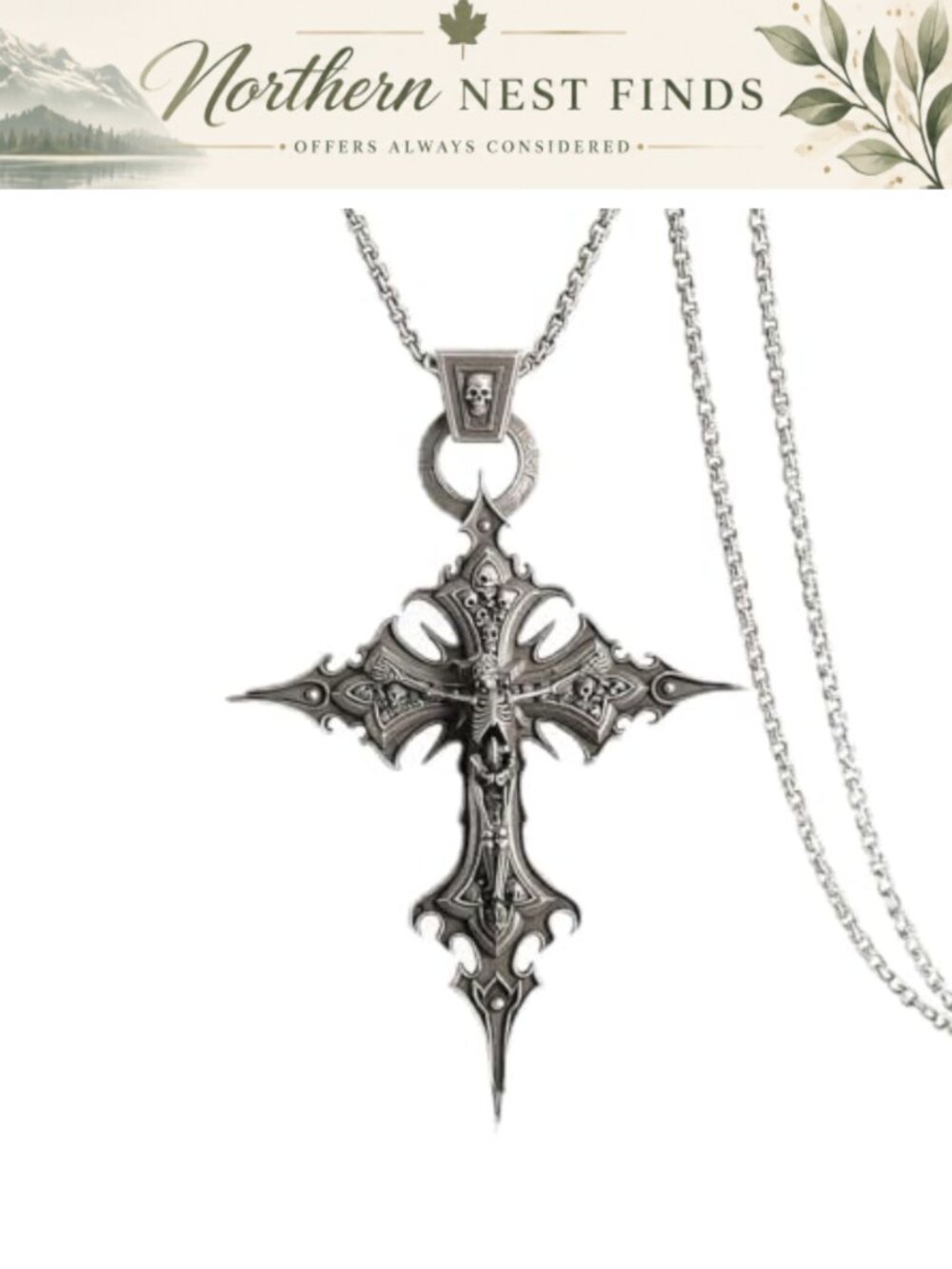 Gothic Skull Cross Pendant Necklace 23.6" Alloy Chain Unisex